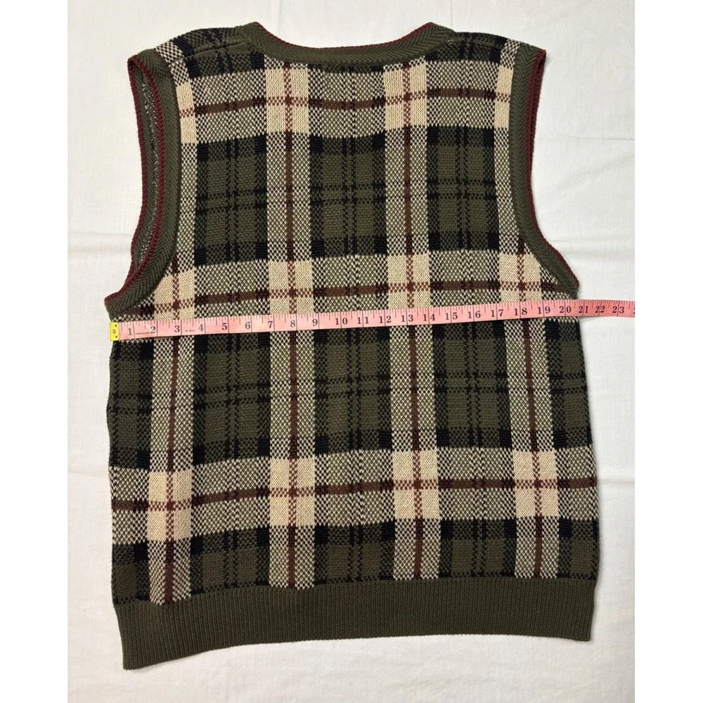 New River Co Vintage Plaid Sweater Vest Mens Large Green Knit Cotton Blend